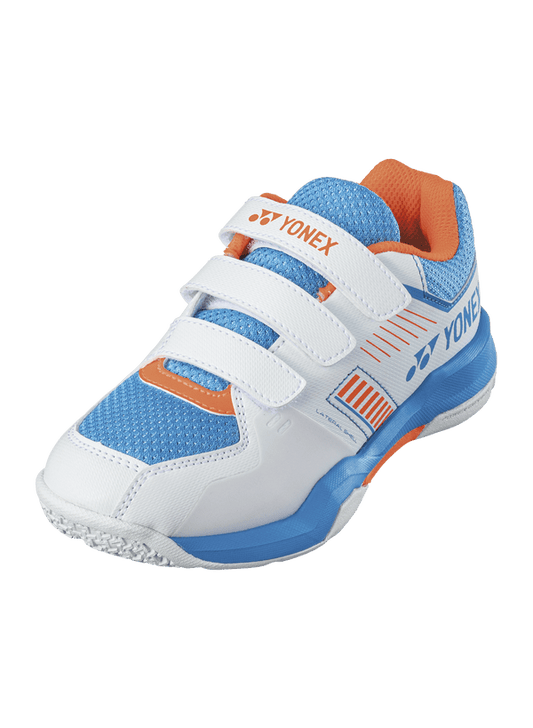 Yonex Badminton Shoe Power Cushion Strider Flow Belt Junior (White/Sky Blue) - Nexus Badminton